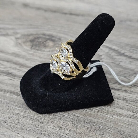 Vintage Gold Tone Multi Row CZ Diamond Cluster Chunky Wide Statement Ring - Picture 4 of 10